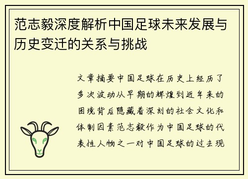 范志毅深度解析中国足球未来发展与历史变迁的关系与挑战